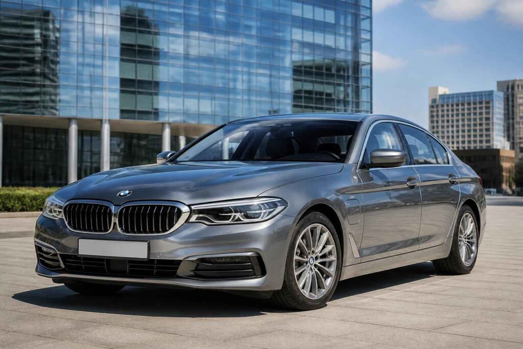 Srebrne BMW serii 5 przed szklanym biurowcem Srebrne BMW serii 5 zaparkowane na placu przed nowoczesnym biurowcem ze szkła